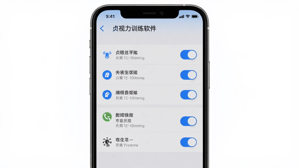 主体为贞视力训练软件在手机上的安装权限设置界面,布局为手机屏幕居中,排版为权限列表与开关按钮,风格为简洁系统设置风,细节为蓝色高亮开关、权限图标,画质高清干净无多余元素