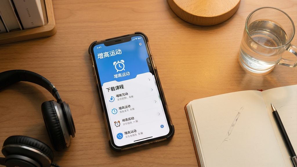 һ��չʾ�������˶���App����ѵ���붨ʱ���ѹ��ܵĳ���ͼ����������Ϊһ���ֻ������������ϣ���Ļ��ʾ���߿γ���������б����������ý��棬�ֻ�����һ��������һ���ʼǱ���һ��ˮ������Ϊ��ܰ��������������������Ϊ�����ӽǣ����Ϊ���������Ӱ�磬ϸ������Ļ�ڡ������˶�����������������ͼ��Ϊ��ɫ�����ʸ��壬�ɾ����޶���Ԫ�ء�