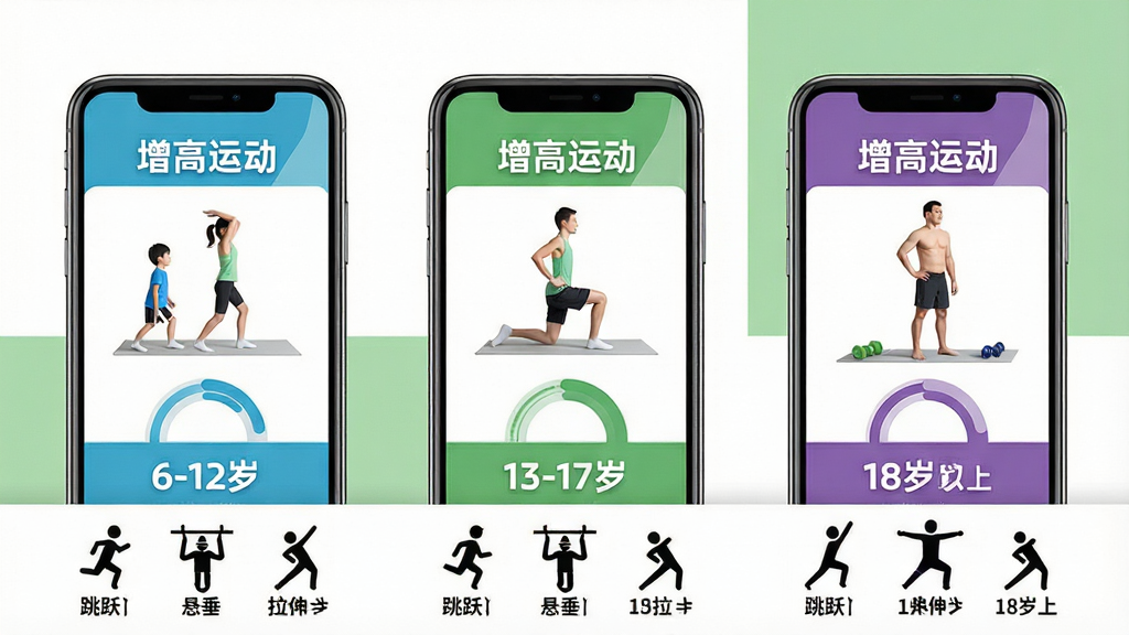 һ��չʾ�������˶���App����ѵ����ϵ��ʾ��ͼ����������Ϊ�������ŵ��ֻ���Ļ�������ҷֱ��ע��6-12�ꡱ��13-17�ꡱ��18�����ϡ���ÿ����Ļ����ʾ��Ӧ����ε�ѵ����������ͼ����Ȼ�����Ļ�Ϸ��С������˶���Ʒ���������·��ü��ͼ���ʾ��Ծ���������������ද��������Ϊ��ɫ�뵭��ɫ��ƴ�ӣ����ֺ������У����Ϊ��������Ϣͼ��ϸ����ÿ���������ɫ�������֣������������ɾ����޶���Ԫ�ء�