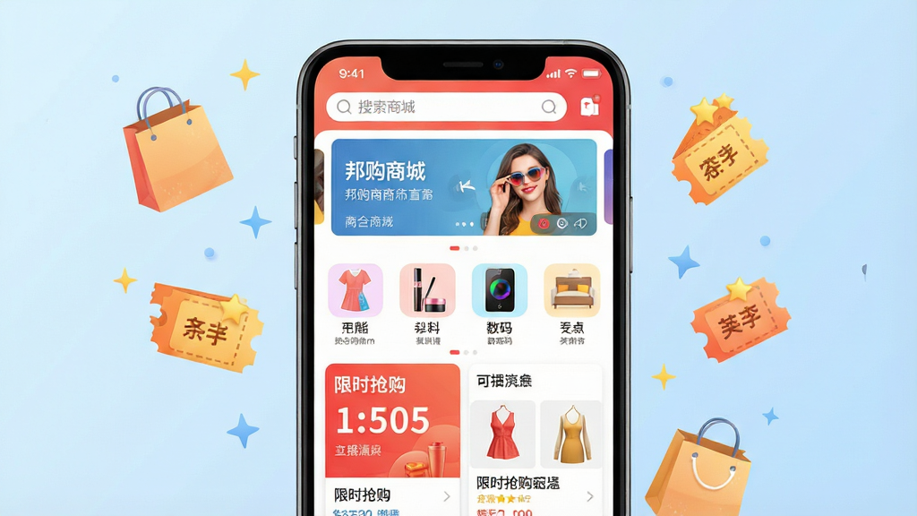һ��չʾ��̳�APP��ҳ�ľ�����ͼ���廭������������һ�������ֻ�����Ļ��ʾ��̳�APP����ҳ���棬���������������ֲ�ͼ���в��з��Ρ���ױ�����롢�Ҿӵȷ���ͼ�꣬�ײ�����Ŀ����ʱ������Ʒ��Ƭ���ֻ���������͵�ǳ��ɫ���䣬��Χ��׺��������Ż�ȯ�����ǵ�СԪ�أ��������������������ʸɾ��������޶���Ԫ�أ�ͼƬ��������ʾ����̳ǡ�