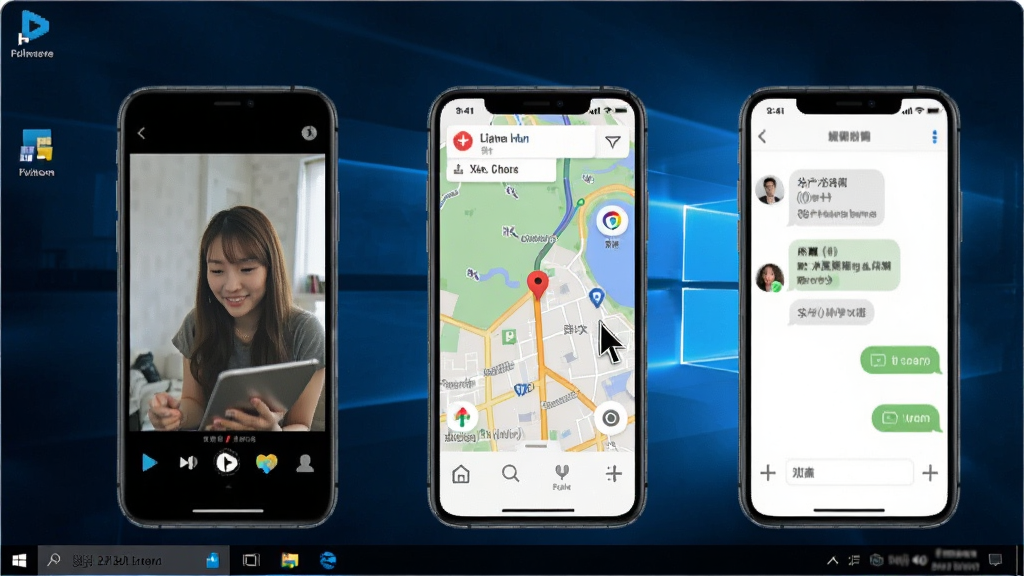 һ̨Windows������Ļ��ͬʱ�������ֻ�Ӧ�ô��ڣ��ֱ���ʾ����Ƶ����ͼ��������棬���ڱ�Ե���ֻ��߿���ʽ���������汳��Ϊ��ɫ���䣬���Ϊдʵ�Ƽ��У�ϸ�ڰ������ָ����ͣ�ڴ����ϣ����������ɾ����޶���װ��