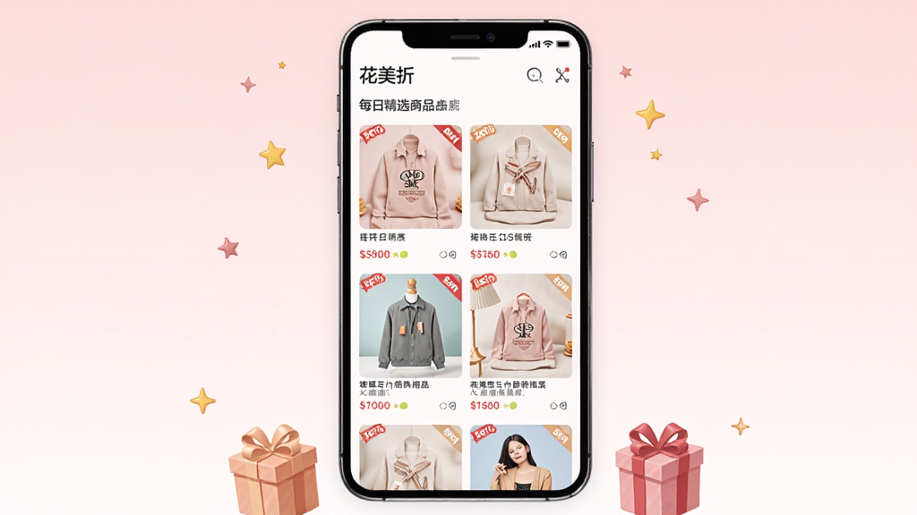 ����������һ��������ֻ���Ļ����Ļ�ڳ��֡������ۡ�ÿ�վ�ѡ��Ʒ�ٲ�������ƷͼƬ�������У�ÿ��ͼƬ�·��м۸��ǩ���ۿ۽Ǳꡣ�ֻ���Χ��׺С���Ǻ����Ԫ�أ�����Ϊ����ɫ���䡣���Ϊ���µ��̲廭���Ű���������ʸɾ����޶������ֺ�װ�Ρ�