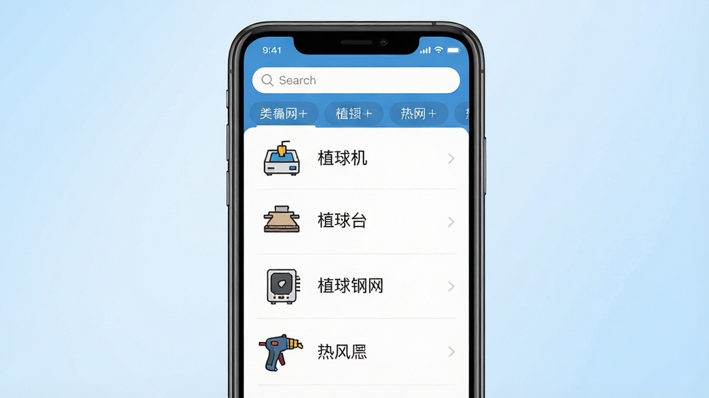 һ��չʾֲ���豸֪ʶ���AI����ͼƬ������Ϊ�ֻ���Ļ��ʾֲ��App���豸�б�ҳ�棬ҳ����������ֲ�����ֲ��̨��ֲ��������ȷ�ǹ����Ŀ��ÿ����Ŀ���м���ͼ�꣬����Ϊ�����б������Ϊ��ƽ����ƣ�ϸ�ڰ�����Ļ�ϵ�������ͷ����ǩ������Ϊ�ɾ���ǳ��ɫ���䣬���ʸ��壬�ɾ����޶���Ԫ��