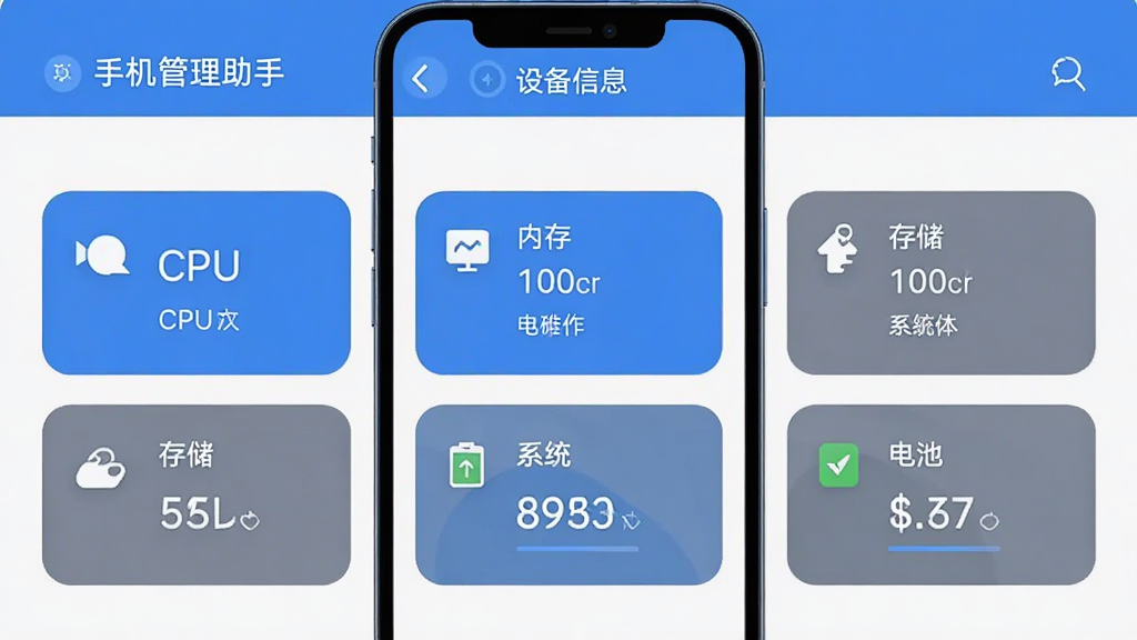 �ֻ����������豸��Ϣҳ��չʾͼ���ֻ���Ļ��ʾCPU���ڴ桢�洢��ϵͳ�汾����صȲ�����Ƭ����Ƭ����Բ�Ǿ��Σ���ɫ����ɫ�ͻ�ɫΪ���������ɾ������ֱ�ע���ֻ��������֡����豸��Ϣ�����Ű���������ʸ��壬�޶���װ��