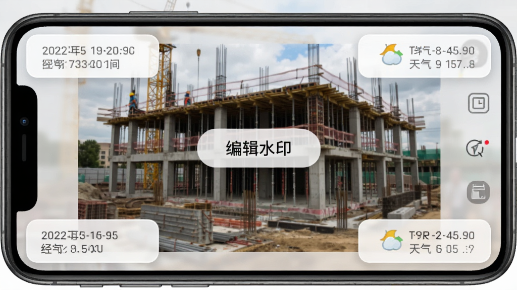 ����ˮӡ���ˮӡ�༭���棬�ֻ���Ļ��ʾһ�Ž���������Ƭ����Ƭ�ĽǷֱ������ڡ�ʱ�䡢��γ�ȡ�����ˮӡ�򣬽��������С��༭ˮӡ����ť������Ϊǳ��ɫ�����רҵ��࣬ϸ����ˮӡ��Ϊ��ɫ��͸��Բ�Ǿ��Σ������������ɾ����޶���Ԫ��
