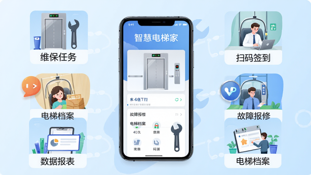 �ǻ۵��ݼ�APP����ģ��չʾͼ���������ֻ�Ϊ���ģ����ܻ�����ά������ɨ��ǩ�������ϱ��ޡ����ݵ��������ݱ�������Ϣ֪ͨ��ͼ���ǩ��ÿ��ͼ������С��������ͼ������Ϊ����ɫ���䣬���Ϊ��ƽ����Ϣͼ��ϸ�ڰ������ݺͰ���Ԫ�أ��������������ֹ������޶���װ��