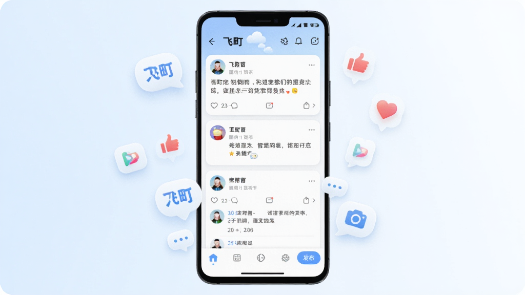 �����һ���ƶ��罻Ӧ�ã���������Ϊһ��������׿�ֻ����ֻ���Ļ��չʾ���Ӧ�������棬���������̬��Ϣ�����ײ��������ͷ�����ť���ֻ���ΧƯ�����������ݡ�����ͼ���������ţ�����Ϊǳ��ɫ����ɫ����ͽ��䣬���������¼�Լ�����־��жԳƣ�ϸ�ڰ���Բ�ǿ�Ƭ�������Ӱ�͸ɾ���ͼ����ƣ������������޶���Ԫ�أ��ʺ���������վԤ��ͼ