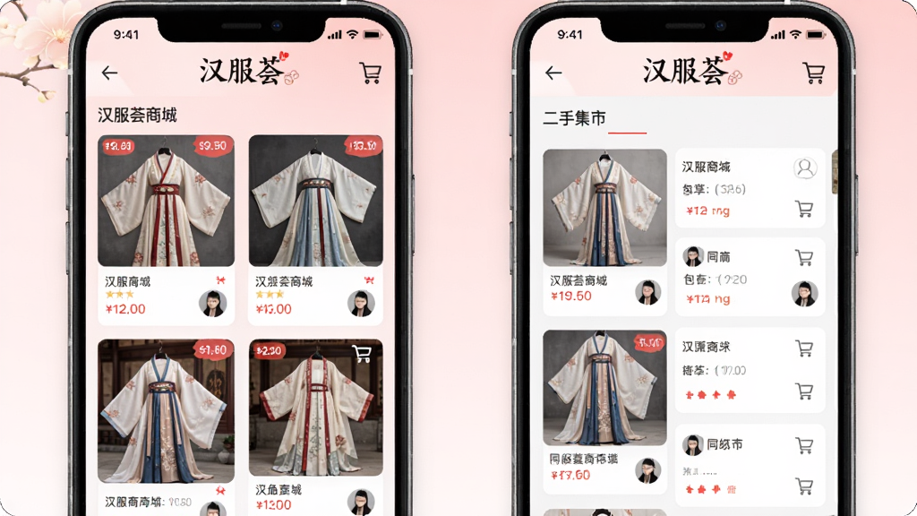 �������̳�����ּ��н��棬�ֻ���Ļ���������������չʾ����������Ʒ��Ƭ���Ҳ�Ϊ����ת���б��������С���������Logo������Ϊǳ��ɫ���䣬���������·磬ϸ�ڰ����۸��ǩ�����ﳵͼ�ꡢͬ��ͷ�񣬻��ʸ���ɾ�