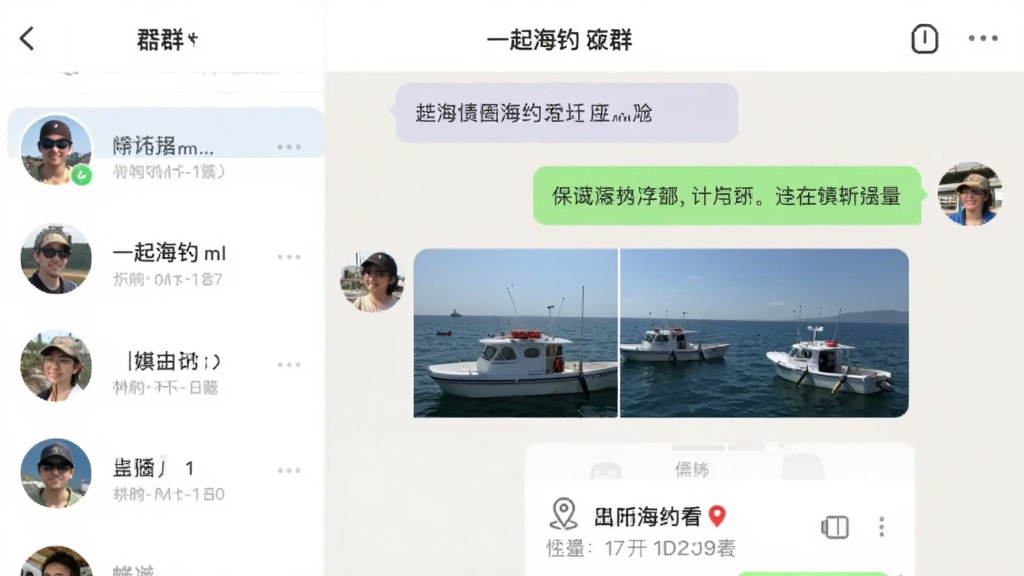 һ������Ⱥ������ͼ������չʾһ�𺣵�APP��Ⱥ��ҳ�棬�����Ⱥ��Աͷ���б����Ҳ����������ݣ�����������Ϣ��ͼƬ��λ�ÿ�Ƭ�������������Ѻã���ǳɫ����Ϊ����������ɫ��ͣ�����ɾ����ࡣ