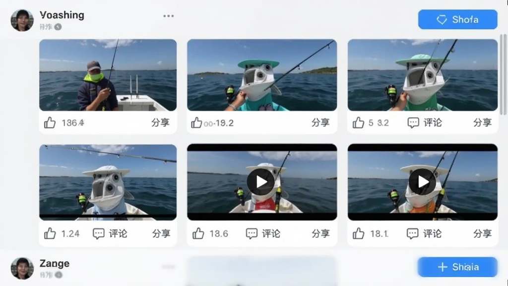 һ���罻��̬�������ͼ����������ʾһ�𺣵�APP�����Ȧҳ�棬�Ϸ��ж���û������ĵ�����Ƭ�Ͷ���Ƶ���棬ÿ����̬�·��е��ޡ����ۺͷ���ͼ�ꡣ������ɫ��ˬ����ǳ�ҺͰ�ɫΪ�ף���׺��ɫ��ť�����岼����������������Ԫ�ء�