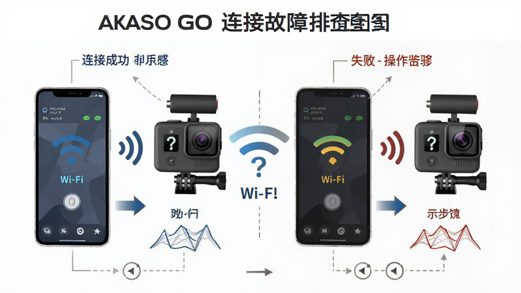 AKASO GO ���ӹ����Ų�ʾ��ͼ������Ϊ�ֻ����˶����֮�� Wi-Fi �ź��жϵ�ʾ�⻭�棬����Ϊ���ҶԱ�չʾ���ӳɹ���ʧ��״̬�����Ϊ��Ϣͼ����ϸ�ڰ����ź�ͼ�ꡢ�ʺ���ʾ�����������ͷ�������������ɾ��޶���Ԫ��