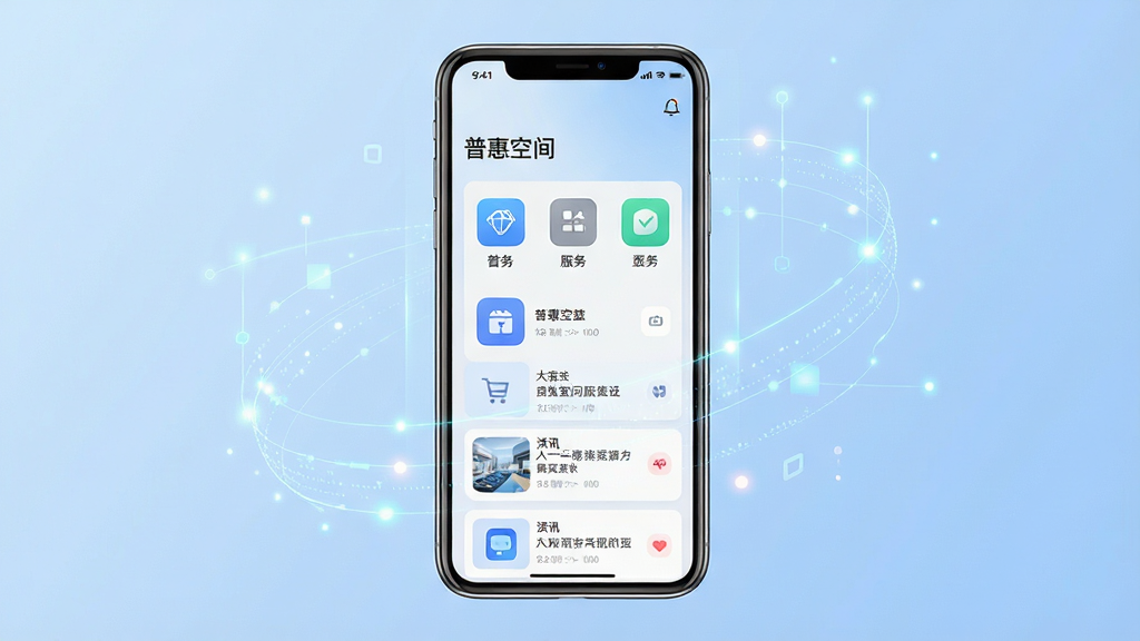 ��������չʾһ�������ֻ����ֻ���Ļ������Ļ����ʾ���ջݿռ䡱Ӧ�������棬�����Ű�����������������ͼ������Ѷ��Ƭ������Ϊ��͵�ǳ��ɫ���䣬��Χ���Ƴ�������ֻ������������㣻�������ִ��Ƽ��У�ϸ�ڸɾ����䣬���ʸ��壬�޶�������Ԫ�أ��ʺ���������վչʾ��