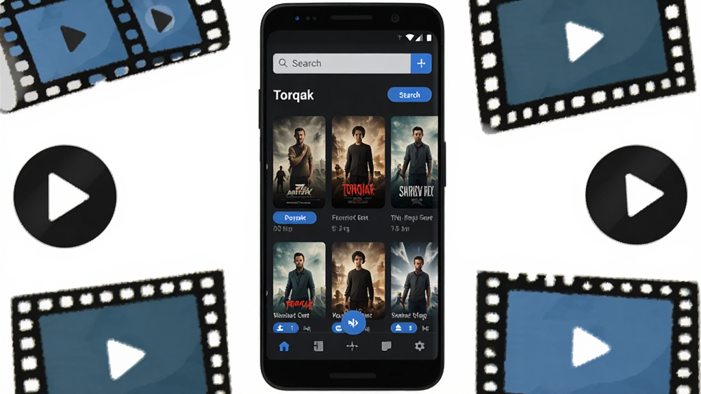 һ��չʾ Torqak �����������Ԥ��ͼ�������������һ����׿�ֻ����ֻ���Ļ����ʾ Torqak Ӧ�õ���ҳ���֣������������������в�Ӱ�Ӻ�����Ƭ�б����ײ������˵������������ִ���ʹ����ɫ����������ɫ������ť���ֻ���Χ���Ƶ�Ӱ��Ƭ�����Ű�ť����Ƶ����ͼ��װ��Ԫ�أ����幹ͼ����ƽ�⣬���Ϊ��ƽ�����ֲ廭��ϸ�ڸɾ����������ʸ��壬�޶�������Ԫ��