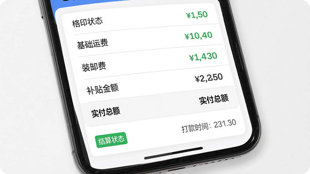 ˾С��APP�˷ѽ���ҳ��չʾ���ֻ���Ļ����ʾ����������ϸ���񣬰��������˷ѡ�װж�ѡ�������ʵ���ܶ����Ŀ���·��н���״̬��ǩ����ʱ�䣬���岼��Ϊ���½ṹ�����Ϊ��������ƶ��˽��棬ϸ�ڰ�����ɫ������֡���ɫ�ָ��ߡ���ɫ������Ƭ�����ʸ���ɾ����޶���Ԫ��
