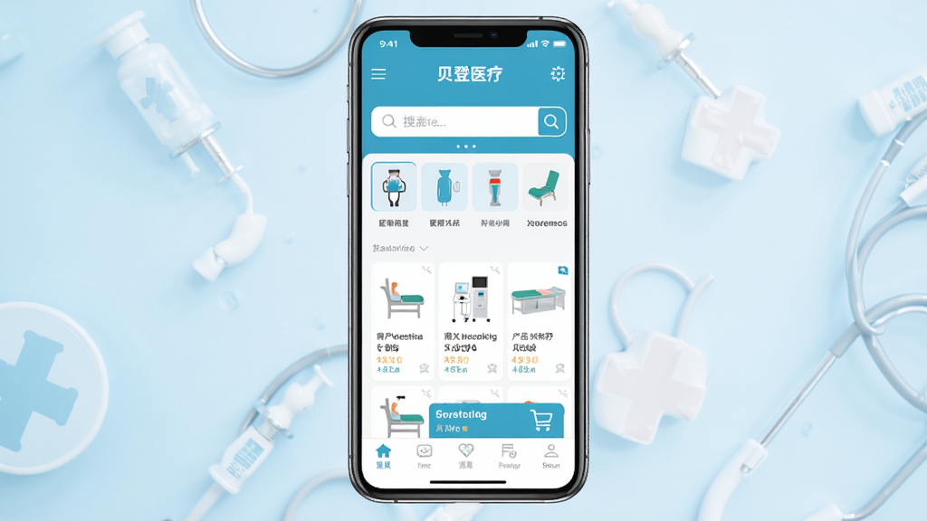 ����ҽ��APP����չʾͼ������Ϊһ�������ֻ����з��ã���Ļ��ʾ����ҽ��APP��ҳ������ҽ����е���ർ�������������Ʒ�Ƽ��б�������Ϊ�ɾ���ǳ������ҽ�Ʒ�񣬲��ּ�����������Ϊ�ִ���ƽ��UI��ƣ�ϸ�ڰ���ҽ��ͼ�ꡢ���ﳵ�����ײ��˵��������ʸ��壬�ɾ����޶���Ԫ��