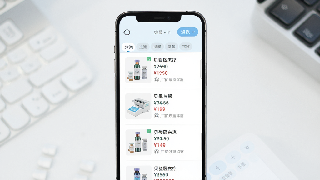 ����ҽ��APP��Ʒ�б�ҳ��չʾͼ������Ϊ�ֻ���Ļ��ʾҽ����е��Ʒ�б���������Ʒ����ͼ�����ơ��۸��볧����Ϣ������Ϊ��������б������Ϊ����ǳɫ����磬ϸ�ڰ���ɸѡ��ť������ǩ�����ʸ��壬�ɾ����޶���Ԫ��