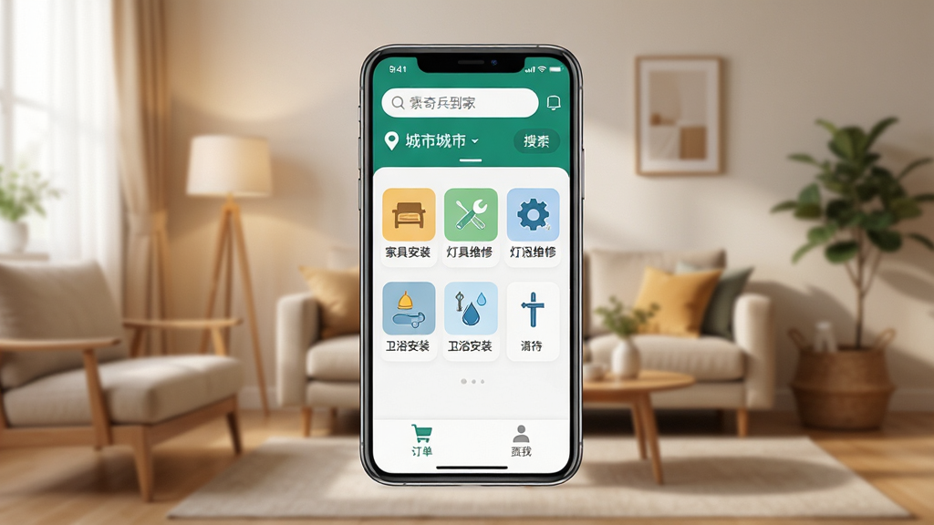 �������APP������չʾ������������һ�������ֻ�����Ļ����ʾ�������Ӧ����ҳ���������������ͳ��ж�λ���в��мҾ߰�װ���ƾ�ά�ޡ���ԡ��װ�ȷ������ͼ�꣬�ײ��ж������ҵ�ҳ����ڣ���������ܰ�ļҾӻ����������������Ű����࣬����ִ���Լ��ϸ�ڷḻ�����ʸ��壬�ɾ����޶���Ԫ��