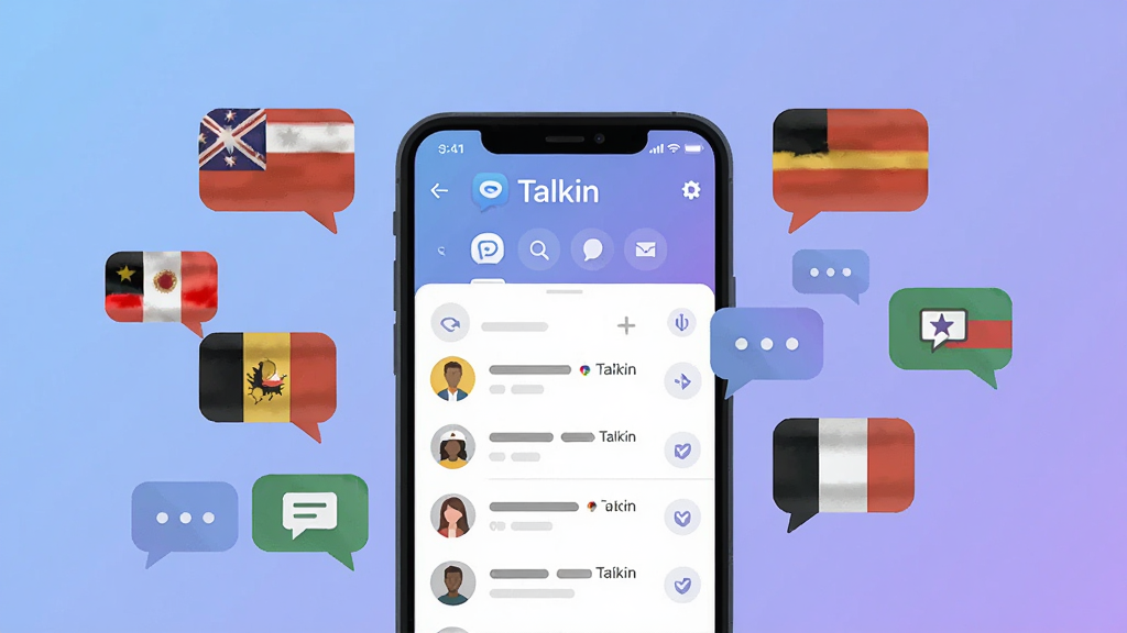 һ��չʾTalkin������������ֻ���ͼ���廭������������һ�������ֻ�����Ļ����ʾ�š�Talkin��������־�������б����棬��Χ�����Ŷ���������ݺͶԻ�ͼ�꣬����Ϊ��͵�����ɫ���䣬������ִ���ƽ����ϸ�����������ʸɾ��޶���Ԫ��