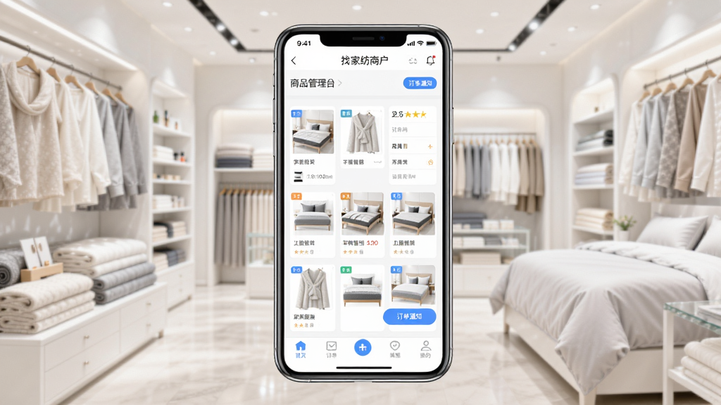 �Ҽҷ��̻���Ӧ��������չʾͼ������������һ�������ֻ�����Ļ��ʾ�Ҽҷ��̻���APP����Ʒ������̨�������ҷĲ�Ʒ�б�������֪ͨ�͵ײ�������������Ϊ��������ļҷĵ��̻��������ֲ��þ��й�ͼ�����Ϊ�ִ���ƽ���Ƽ��磬ϸ����ͻ�������мҷĴ�ƷͼƬ�͹��ܰ�ť�������������ɾ����޶���Ԫ��