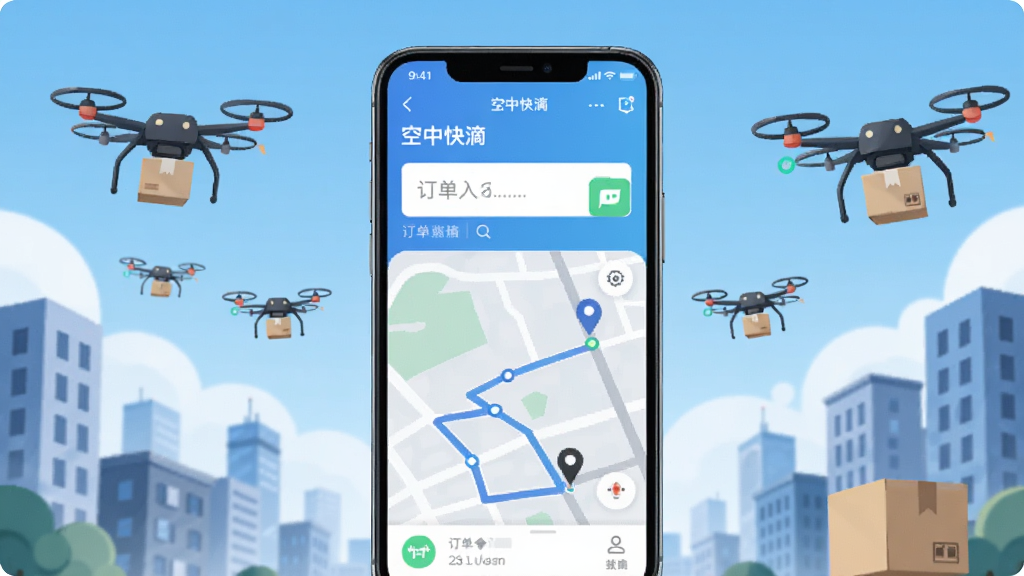 画面中央展示一部智能手机,屏幕显示“空中快滴”应用主界面,界面包含订单输入框和地图轨迹,背景是城市低空无人机配送场景,布局采用居中构图,风格为现代科技感扁平插画,细节包括蓝天、楼宇、无人机和包裹图标,画质清晰,干净,无多余元素