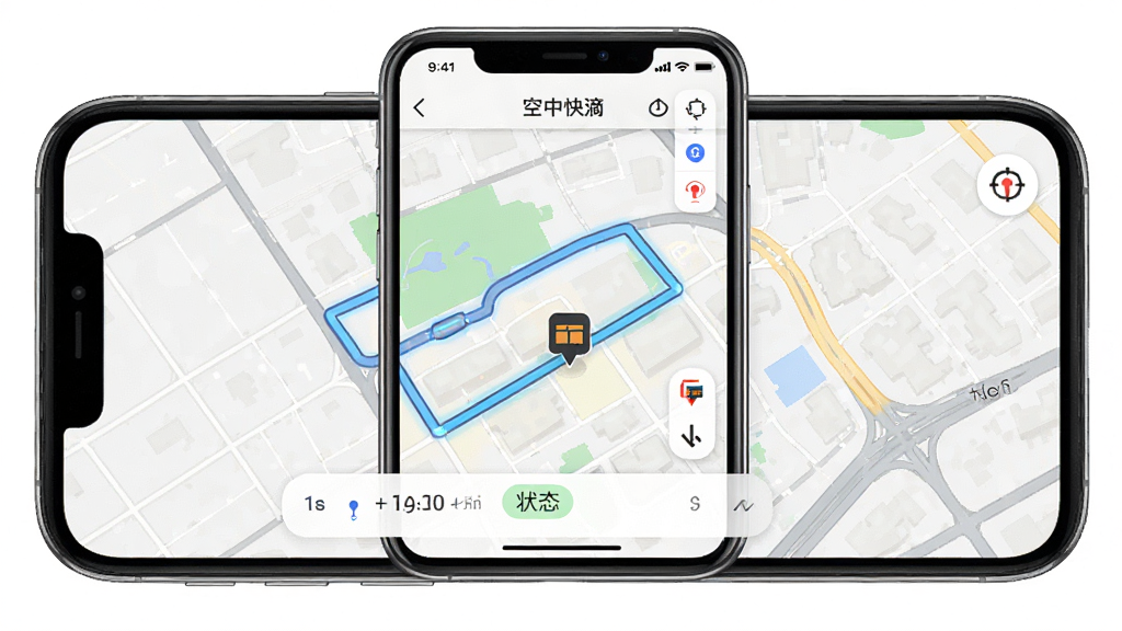 手机屏幕显示“空中快滴”订单追踪页面,地图上有一条高亮路线和移动中的配送图标,布局为手机居中展示,风格为写实UI风格,细节包括时间轴、状态标签和城市道路,画质清晰,干净,无多余元素