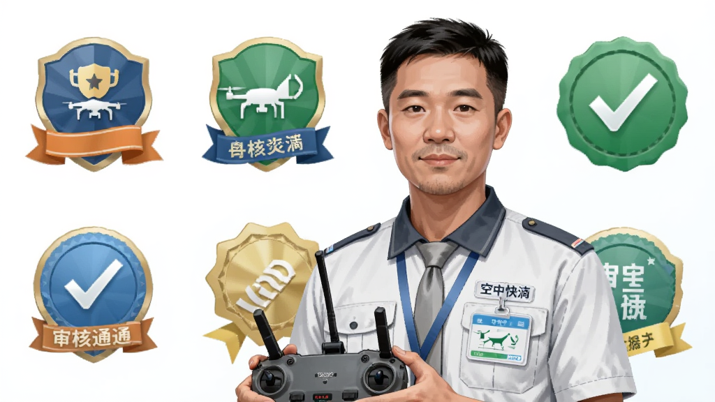画面中央是一位佩戴“空中快滴”工牌的飞手手持无人机遥控器,背景是认证徽章和审核通过标识,布局为人像居中,风格为写实商务插画,细节包括制服、设备和工作证,画质清晰,干净,无多余元素