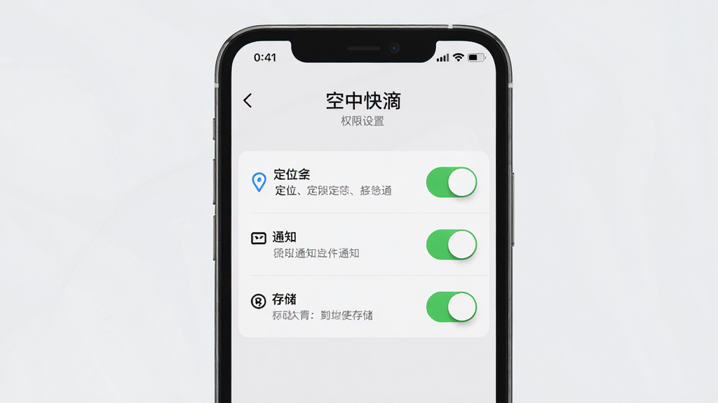手机屏幕显示“空中快滴”权限设置界面,包含定位、通知、存储三个开关选项,布局为手机居中展示,风格为写实UI风格,细节包括开关状态和说明文字,画质清晰,干净,无多余元素