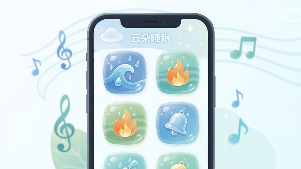一幅展示云朵睡眠应用内声音场景选择的数字插画,画面中心是一部手机,屏幕内呈现出多个声音图标如雨滴、海浪、火焰、风铃,布局为网格状排列,风格为清新自然的扁平化设计,细节包括柔和的蓝色和绿色调、图标带有晶莹剔透的质感、手机周围漂浮着音符符号,画质清晰,干净,无多余元素,图片中带有文字“云朵睡眠”