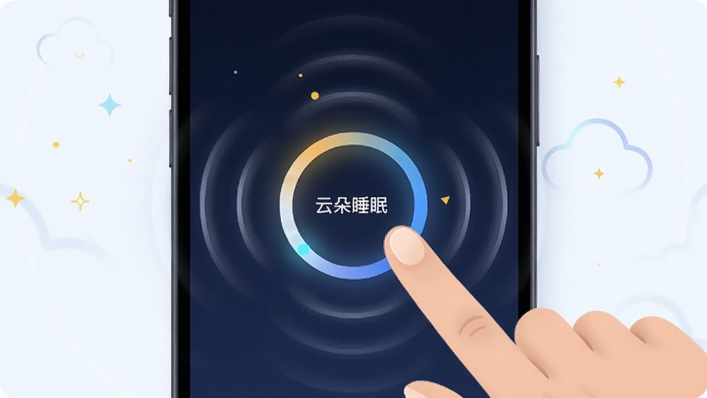 一幅展示云朵睡眠应用内呼吸引导功能的数字插画,画面主体是一个发光的圆形呼吸指示器位于手机屏幕中央,周围有扩散的波纹动画效果,布局为居中构图,风格为现代极简科技风,细节包括深蓝色的背景、柔和的渐变光晕、手指轻触屏幕的动作,画质清晰,干净,无多余元素,图片中带有文字“云朵睡眠”