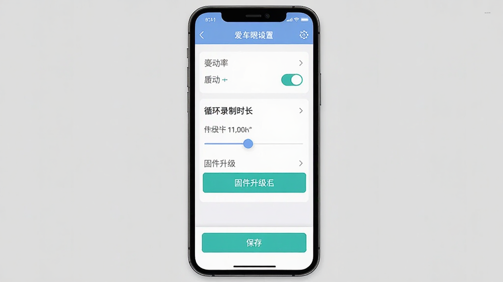 ��������Ϊһ���ֻ�չʾ������APP���豸���ý��棬�������зֱ���ѡ�ѭ��¼��ʱ�����顢�̼�������ť�ȿؼ������ֲ�������ƽ�̹�ͼ�����Ϊ��ƽ��UIչʾ�磬ϸ�ڰ������������ֱ�ǩ�����ذ�ť�ĸ���״̬��ҳ��ײ��ı��水ť�������������ɾ����޶���Ԫ�ء�