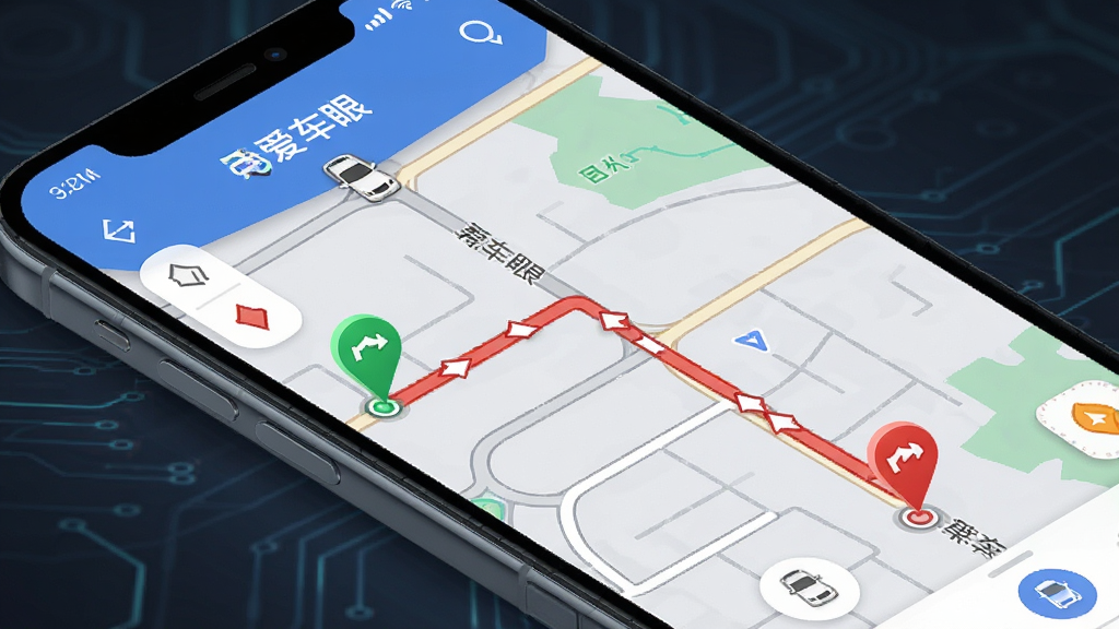 ��������Ϊһ���ֻ���Ļ��ʾ��ͼ���棬��ͼ�ϱ�עһ����ɫ�г��켣�ߣ������յ�ֱ�����ɫ�ͺ�ɫͼ���ǣ���Ļ�Ϸ���ʾ������APP�ĳ�����λҳ�棬���ֲ���б45�ȸ��ӹ�ͼ�����Ϊ�ִ��Ƽ��磬ϸ�ڰ�����ͼ�ϵĵ�·���ơ�����ͼ�ꡢ�켣���ϵķ����ͷ�����ʸ��壬�ɾ����޶���Ԫ�ء�