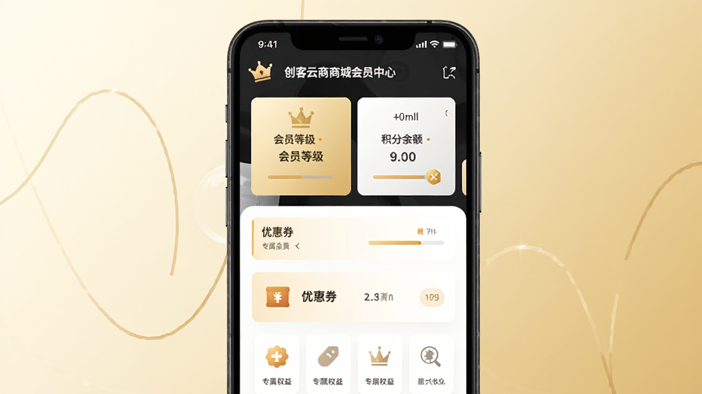 ���������̳ǻ�Ա����ҳ�棬��������Ϊ�ֻ���Ļ����Ļ��չʾ��Ա�ȼ���Ƭ���������Ż�ȯ�б���ר��Ȩ��ͼ�꣬����Ϊ����ɫ���䣬����Ϊ���½ṹ�����Ϊ���ݵ��̷磬ϸ�ڰ����ʹ�ͼ����������������������ɾ����޶���Ԫ��