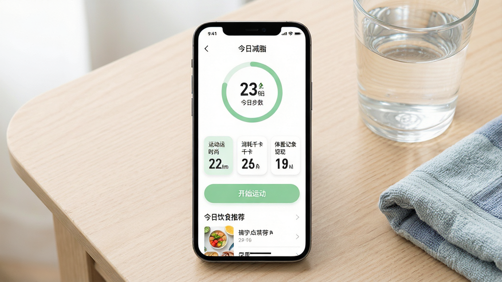 һ���ֻ�Ӧ�ý���չʾͼ������������һ�����������ֻ�����Ļ����ʾÿ�ռ�֬App����ҳ����ҳ�Ϸ��н��ղ���Բ�����������м������˶�ʱ��������ǧ�������ؼ�¼�������ݿ�Ƭ���·��п�ʼ�˶���ť�ͽ�����ʳ�Ƽ��б����ֻ�������ǳľɫ�����ϣ��Ա���һ��ˮ��һ���˶�ë�������岼�ּ����У����Ϊ���½����磬ϸ�ڰ���Բ�ǿ�Ƭ������ɫ��ɫ������ɫ���������ʸ��壬�ɾ����޶���Ԫ��
