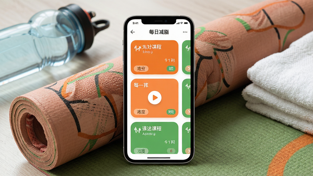 һ���ֻ�Ӧ�ý���չʾͼ������������һ�������ֻ�����Ļ����ʾÿ�ռ�֬App���˶��γ�ҳ�棬ҳ���������Ŷ���γ̿�Ƭ����Ƭ���пγ����ơ�ʱ�����Ѷȱ�ǩ������һ����Ƭ��ʾ���Ű�ť���ֻ��������٤���ϣ��������˶�ˮ����ë�����������룬���Ϊ�����˶��磬ϸ�ڰ�����ɫ����ɫ���䡢Բ�ǿ�Ƭ����ɫ���������ʸ��壬�ɾ����޶���Ԫ��