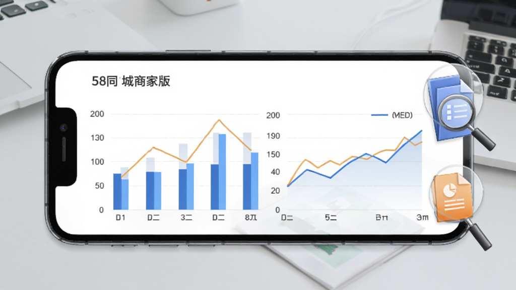 58同城商家版数据统计页面示意图,手机屏幕显示柱状图和折线图,旁边有放大镜和报表图标,背景为浅灰色办公桌面,整体风格商务专业,画面简洁干净,高分辨率