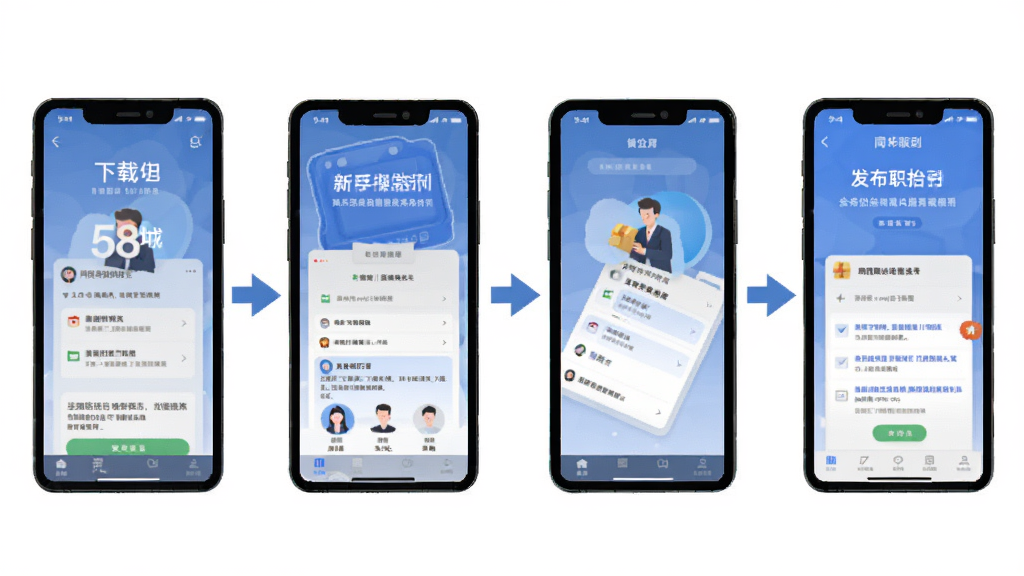 58同城商家版新手操作指引图,画面展示手机屏幕从下载安装到发布职位的流程步骤,用箭头连接各个界面缩略图,背景为纯白色,风格扁平化信息图,文字清晰可读,画面整洁有序