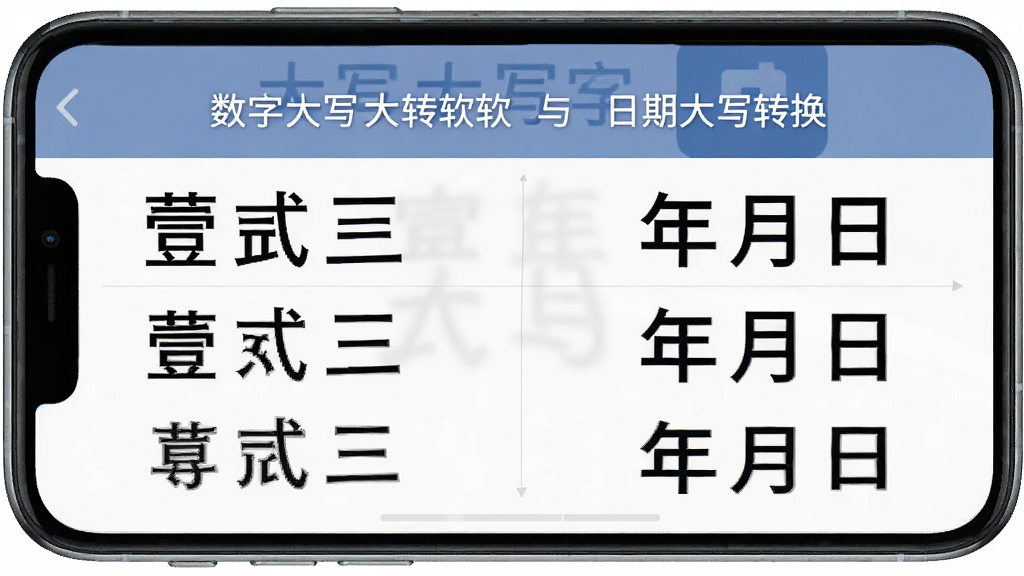 一张以大写转换软件为主题的AI生图,画面主体为手机屏幕上展示中文数字大写与日期大写转换结果,布局采用左右对照排版,风格正式规范,细节包含壹贰叁等中文大写数字和年月日字样,画质高清,干净,无多余元素