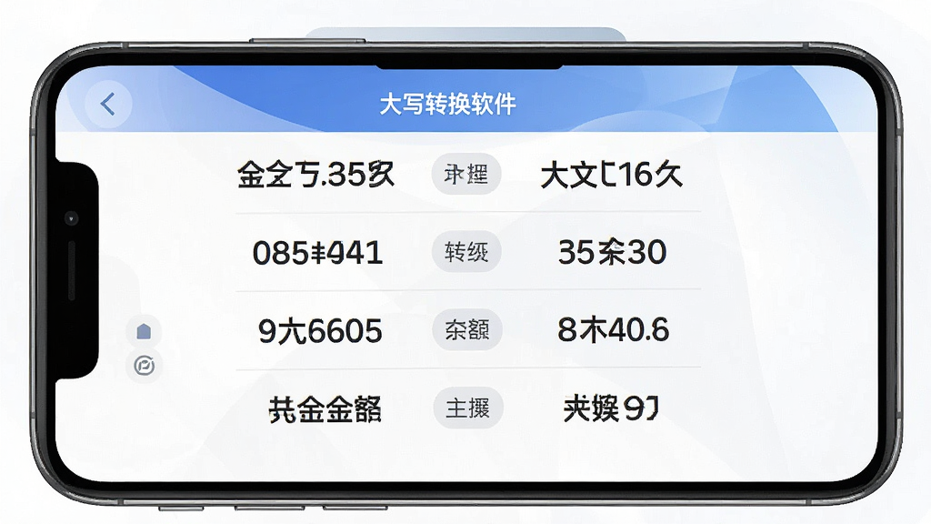 一张以大写转换软件为主题的AI生图,画面主体为手机屏幕上显示数字金额与中文大写金额对照的转换界面,布局采用居中对称排版,风格清爽商务,细节包含清晰的数字与中文大写文字,画质高清,干净,无多余元素
