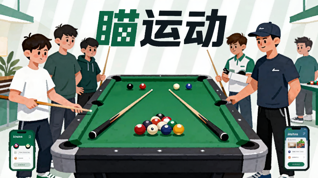 一张展示台球运动社交场景的插画,画面中央是一张绿色台球桌,桌上摆放着彩色台球与球杆,周围环绕着多位年轻球友与助教形象,画面顶部以醒目字体标注“瞄运动”,整体采用扁平化插画风格,配色以绿色、白色、深蓝色为主,构图居中对称,细节包括台球、球杆、手机APP界面元素,画质清晰干净,无多余杂乱元素