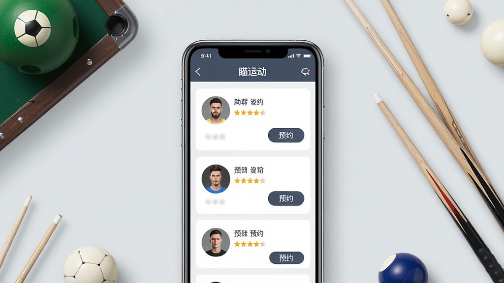 一张展示手机APP预约助教界面的场景图,画面主体是一部智能手机,屏幕中显示“瞄运动”助教列表页面,包含多位助教头像、评分星级与预约按钮,手机周围点缀台球、球杆等运动元素,背景为浅灰色简约风格,整体布局清晰,画质干净,无多余元素