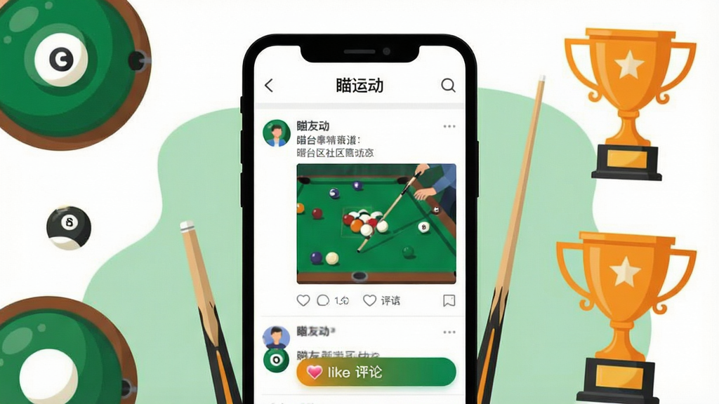 一张展示台球社区动态分享界面的插画,画面主体为手机屏幕,显示“瞄运动”社区信息流页面,包含球友发布的动态图文与点赞评论按钮,画面周围点缀台球、球杆、奖杯等元素,整体风格为扁平化社交UI插画,配色以白色、绿色、橙色为主,画质清晰,布局整齐,无多余元素