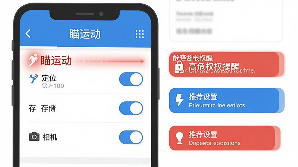 一张展示手机安全设置界面的示意图,画面主体为手机屏幕,显示“瞄运动”权限管理页面,包含定位、存储、相机等权限开关,画面以红色标注高危权限提醒,蓝色标注推荐设置,整体风格为扁平化UI示意图,配色以白色、蓝色、红色为主,画质清晰,布局整洁,无多余元素