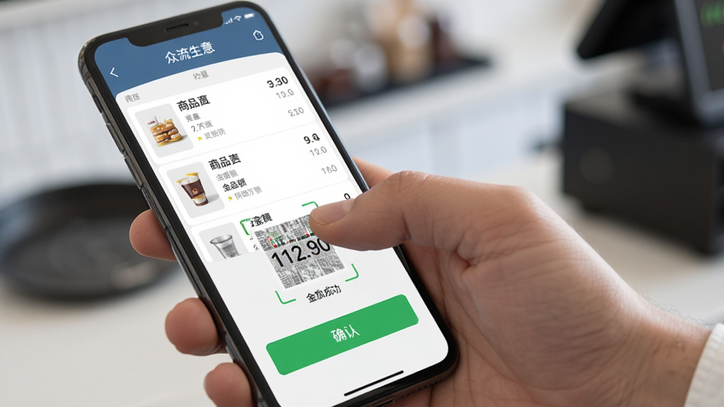 众流生意移动收银开单操作界面图,主体为手持手机进行扫码收款的动作,布局为近景特写,风格为写实商务风,细节包含商品列表、金额数字、确认按钮、收款成功提示,画面干净,画质高清,无多余元素