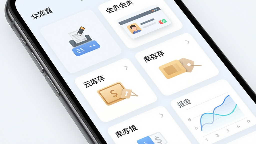 众流生意一站式门店管理功能展示图,主体为手机屏幕内多个功能模块整齐排列,布局采用网格化排版,风格为清新浅色商务风,细节包含收银图标、会员卡片、库存标签、报表曲线,画面干净整洁,画质高清,无多余元素
