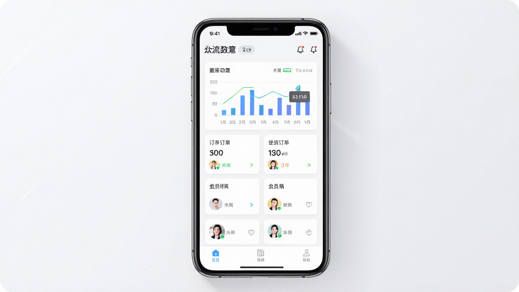 众流生意手机端经营管理界面展示,主体为一部竖屏智能手机,屏幕内呈现门店经营数据看板与功能菜单,布局居中,排版清晰,风格为现代简约商务风,细节包含图表、订单卡片、会员头像等元素,画面干净,画质高清,无多余元素