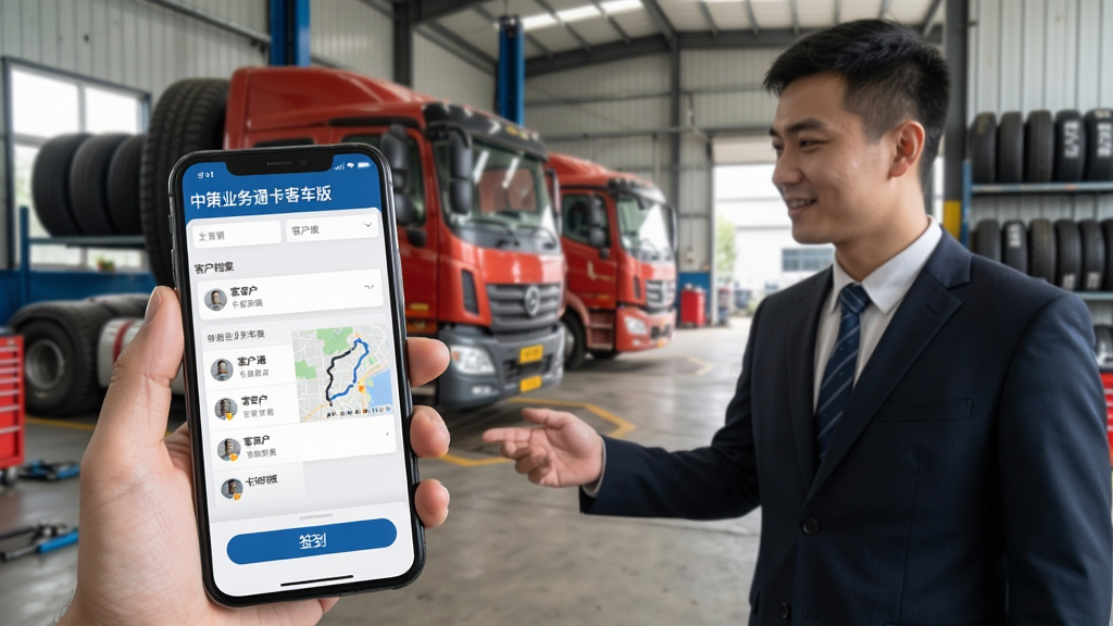 画面以业务员手持手机拜访客户为主体,布局采用前景与背景层次构图,前景为手机屏幕显示“中策业务通卡客车版”客户档案页面,背景为卡客车维修厂场景,风格为纪实商务,细节包含客户列表、地图轨迹、签到按钮、轮胎陈列,画质自然,干净,无多余元素