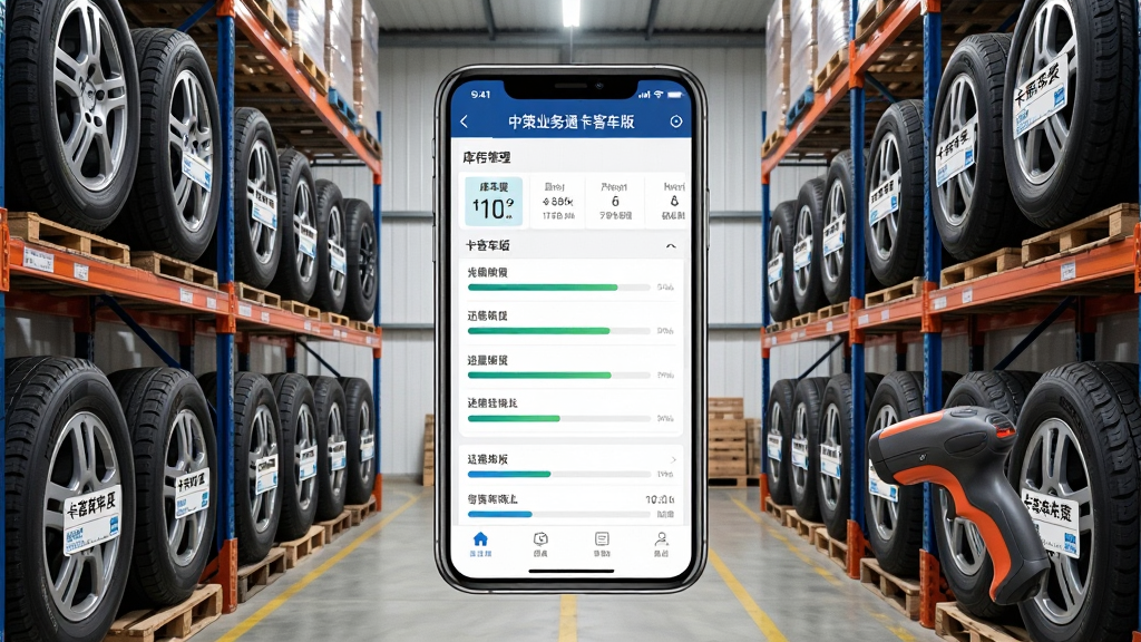 画面以仓库货架与手机界面为主体,布局采用中心对称构图,中间是一部手机显示“中策业务通卡客车版”库存管理页面,两侧为整齐排列的卡客车轮胎货架,风格为写实商务,细节包含库存数字、进度条、轮胎标签、扫码枪,画质清晰,干净,无多余元素
