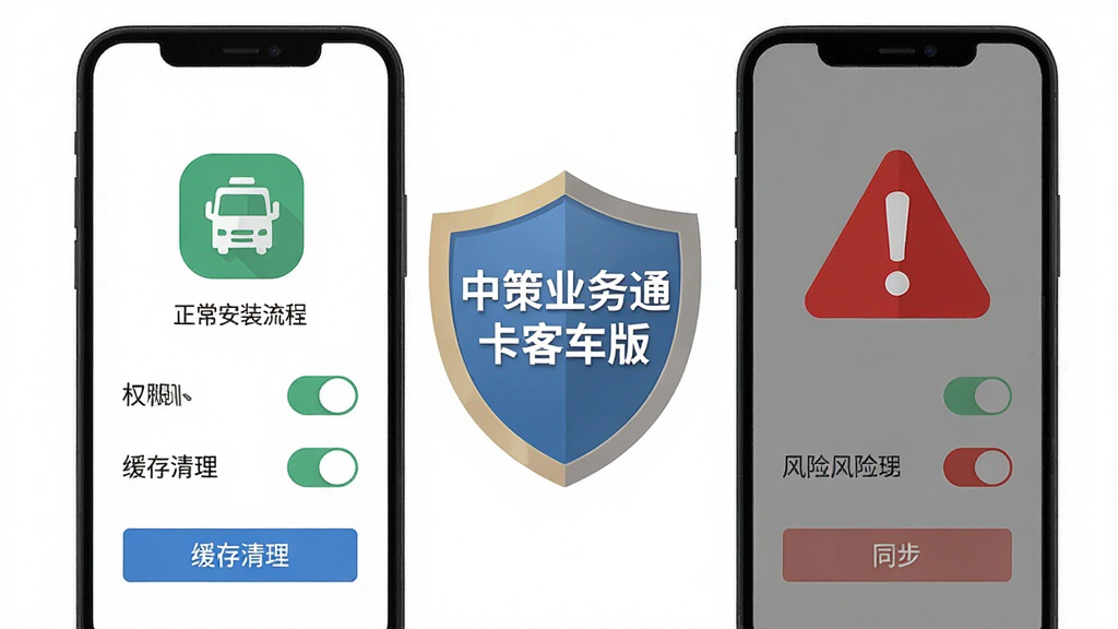 画面以手机安全设置界面与警告标志为主体,布局采用左右对比构图,左侧为正常安装流程图标,右侧为风险提示红色感叹号,中间是“中策业务通卡客车版”盾牌图标,风格为扁平化安全科普,细节包含权限开关、缓存清理按钮、同步图标,画质清晰,干净,无多余元素