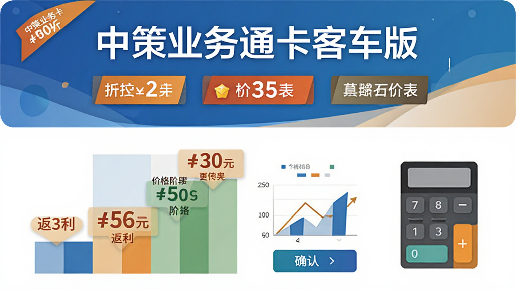 画面以手机展示促销政策与价格表为主体,布局采用上下分层构图,上方为“中策业务通卡客车版”促销活动横幅,下方为价格阶梯表格与计算器图标,风格为扁平化商务,细节包含折扣标签、返利数字、图表、确认按钮,画质高清,干净,无多余元素