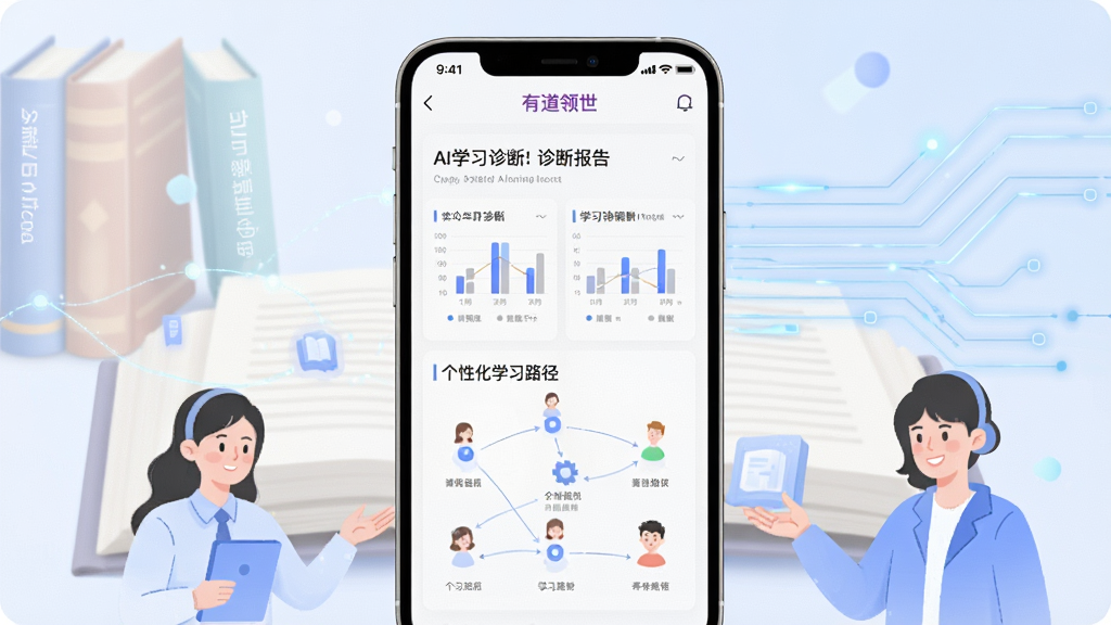 一幅展示有道领世应用核心界面的图片,画面中央是一个现代简约的智能手机,屏幕上显示着有道领世的AI学习诊断报告和个性化学习路径图,背景是柔和的书本与科技线条元素,布局采用中心对称,风格为清新科技风,细节包括清晰的图表和友好的人物插画,画质高清,干净,无多余元素